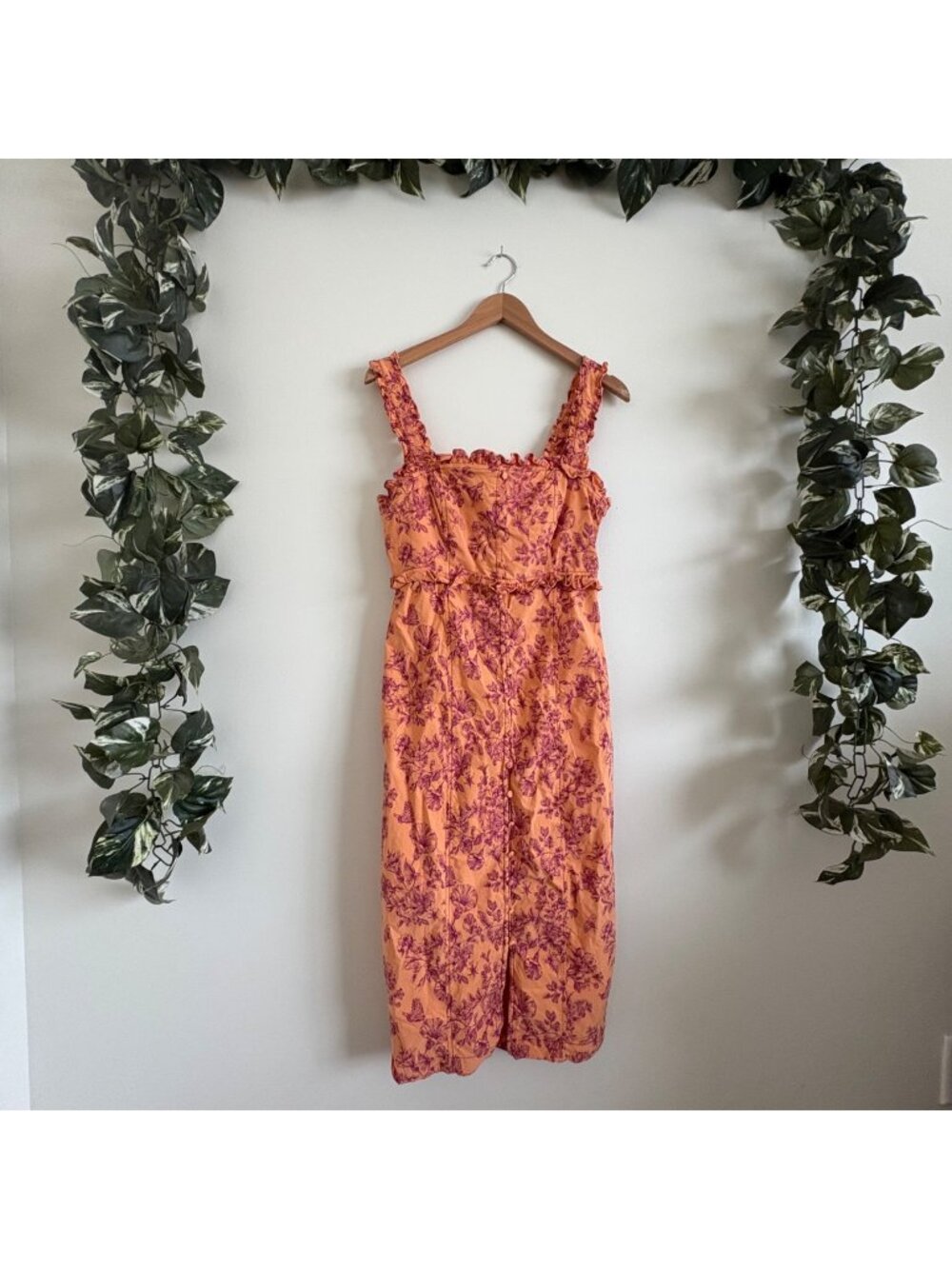 Anthropologie The Linden Slim Square Neck Midi Dress Floral Orange Women’s Sz M